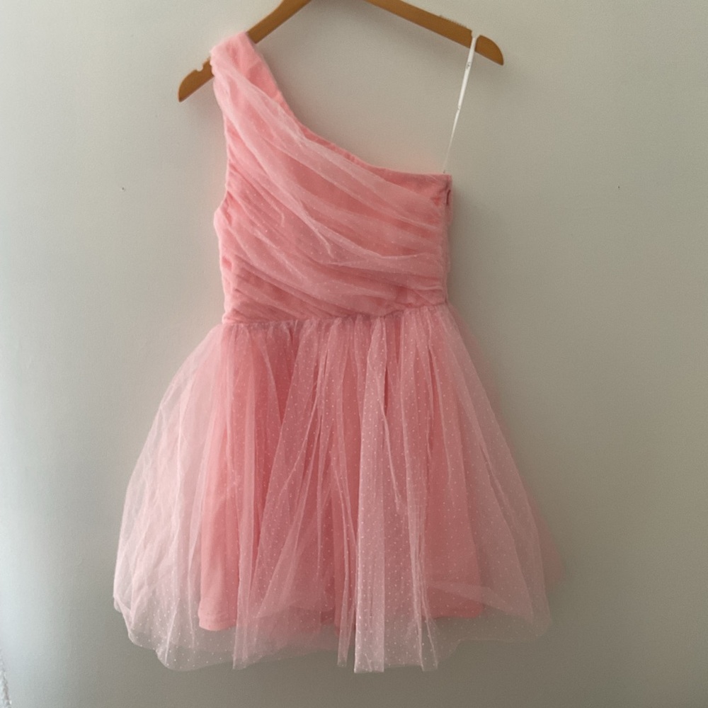 Lulus Exceptional Moments Light Pink Swiss Dot One-Shoulder Tulle Mini Dress S - Picture 7 of 12